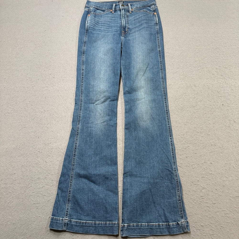 GAP Flare Jeans Women's 4/27 Blue Denim High Rise Medium Wash Whiskered Stretch